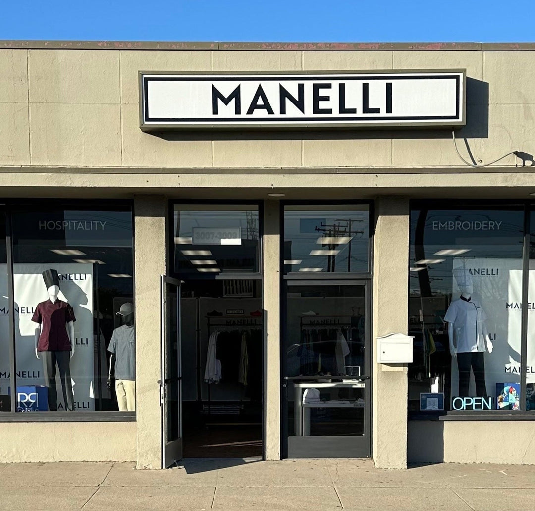 Front view of the Manelli store in Torrance, Los Angeles – chef uniforms and kitchen apparel on display.