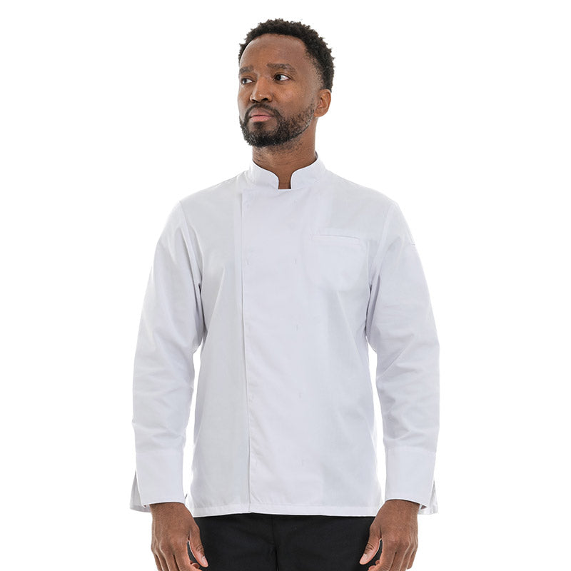 Men’s long-sleeve white chef jacket, classic design with double-breasted front.