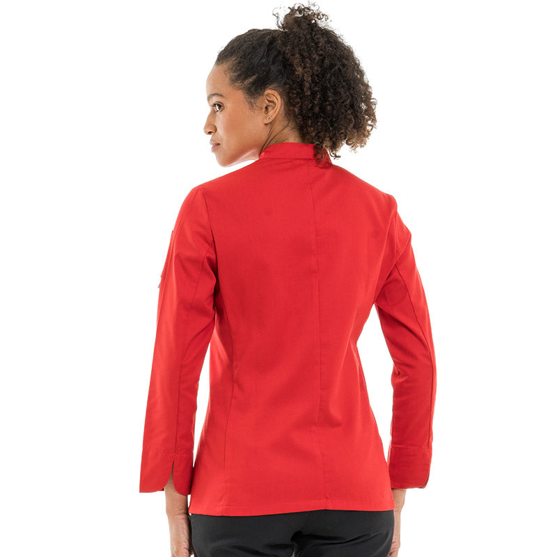 Women's long-sleeve red chef jacket with elegant tailoring, ideal for professional kitchens.