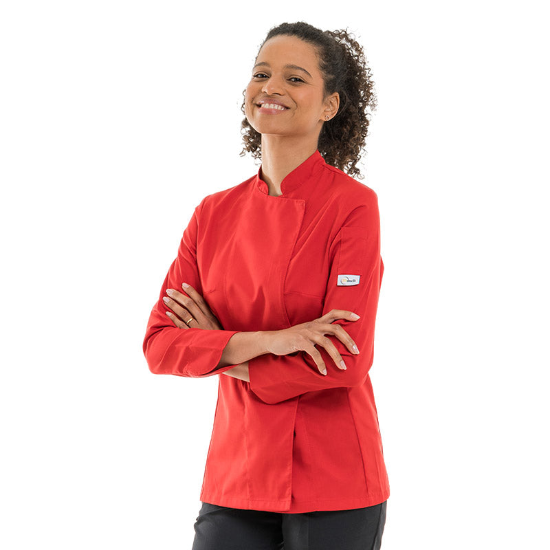 Durable and stylish red kitchen coat for women, long sleeves and fitted cut.