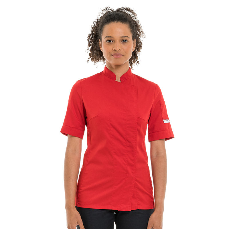 Women's red short-sleeve chef jacket, lightweight and breathable, ideal for hot kitchens.