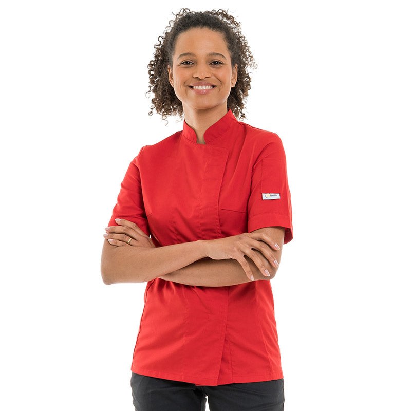 Fitted red chef coat for women with short sleeves and snap buttons, perfect for restaurants.