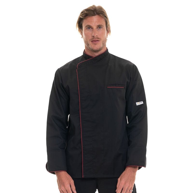 Black Long Sleeve Chef Coat with Long Burgundy Edging - MANELLI - by Manelli | MANELLI``