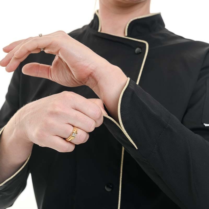 Black Women's Kitchen Coat with Gold Piping - MANELLI -  by Manelli | MANELLI | Sleeve details