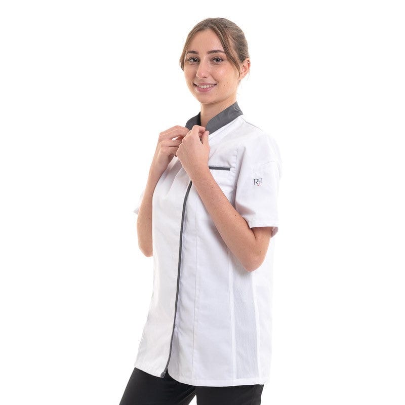 Expression Women's White Kitchen Coat with Gray or Black Piping - ROBUR - by Robur | MANELLI``