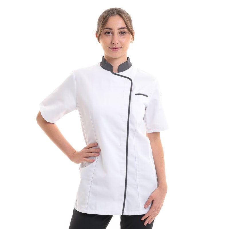 Expression Women's White Kitchen Coat with Gray or Black Piping - ROBUR - by Robur | MANELLI``
