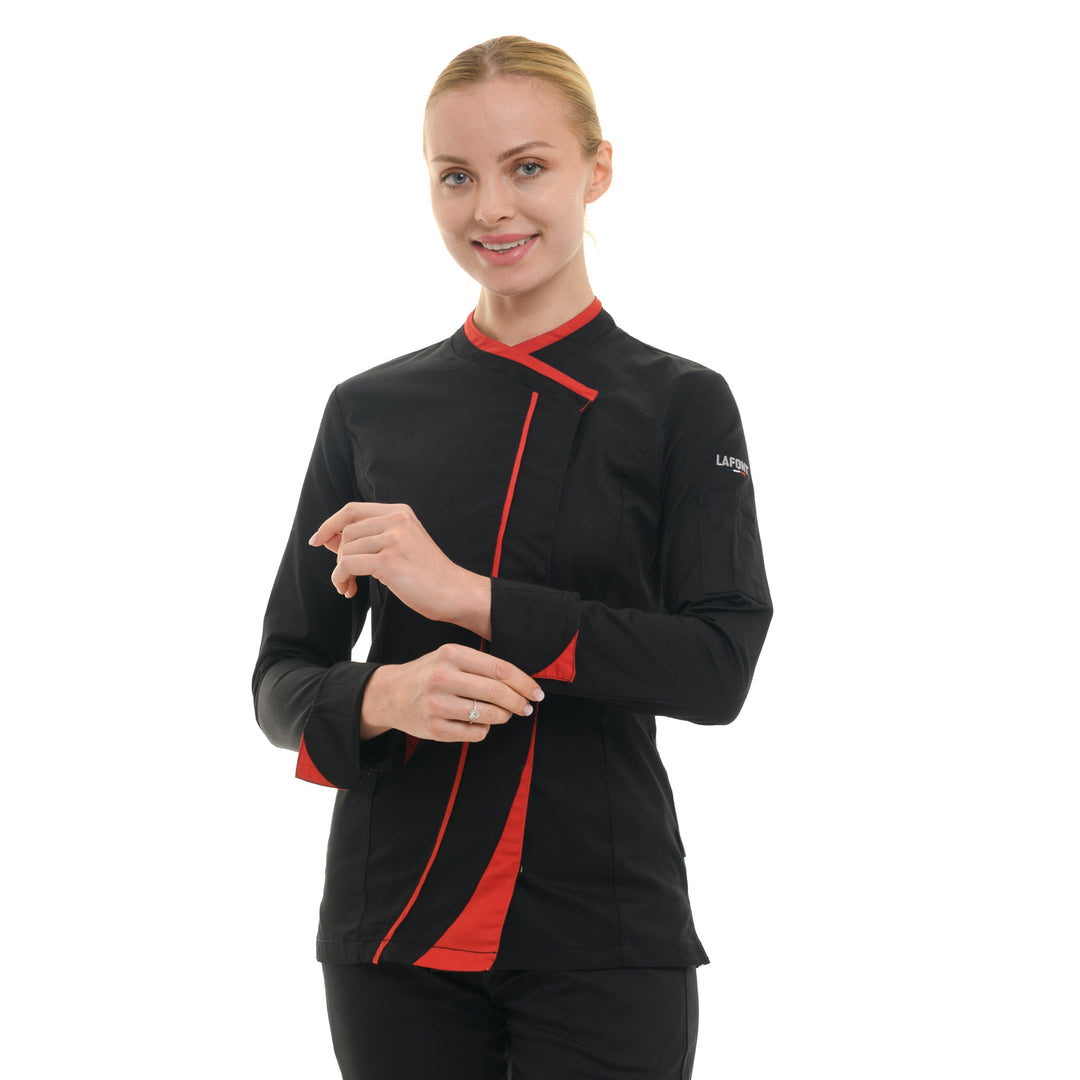 Saffron Women's Kitchen Coat Long Sleeve Black with Red Piping - LAFONT -  by Lafont - Cuisine | MANELLI``