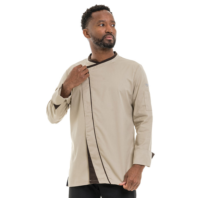 Beige long-sleeve chef jacket for men by Lafont, classic yet modern, designed for all-day kitchen comfort.
