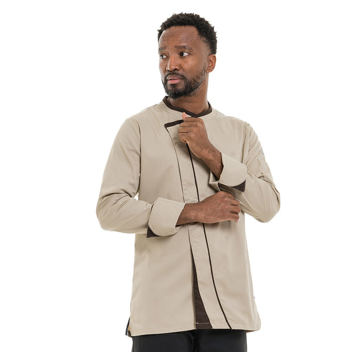 Men’s mint green long-sleeve chef jacket by Lafont, modern cut with breathable fabric, perfect for a refined kitchen look.