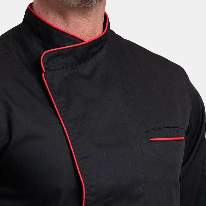 Black Long Sleeve Chef Coat with Long Red Piping - MANELLI -  by Manelli | MANELLI``