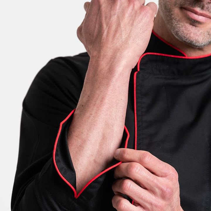 Black Long Sleeve Chef Coat with Long Red Piping - MANELLI -  by Manelli | MANELLI``