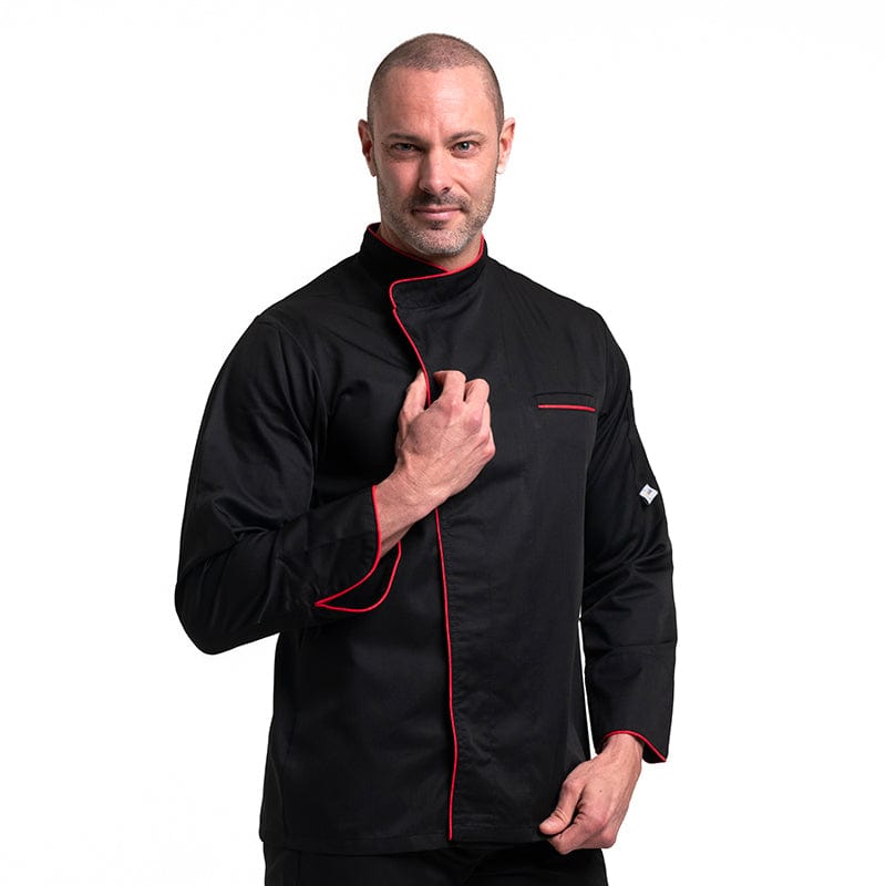 Black Long Sleeve Chef Coat with Long Red Piping - MANELLI -  by Manelli | MANELLI``