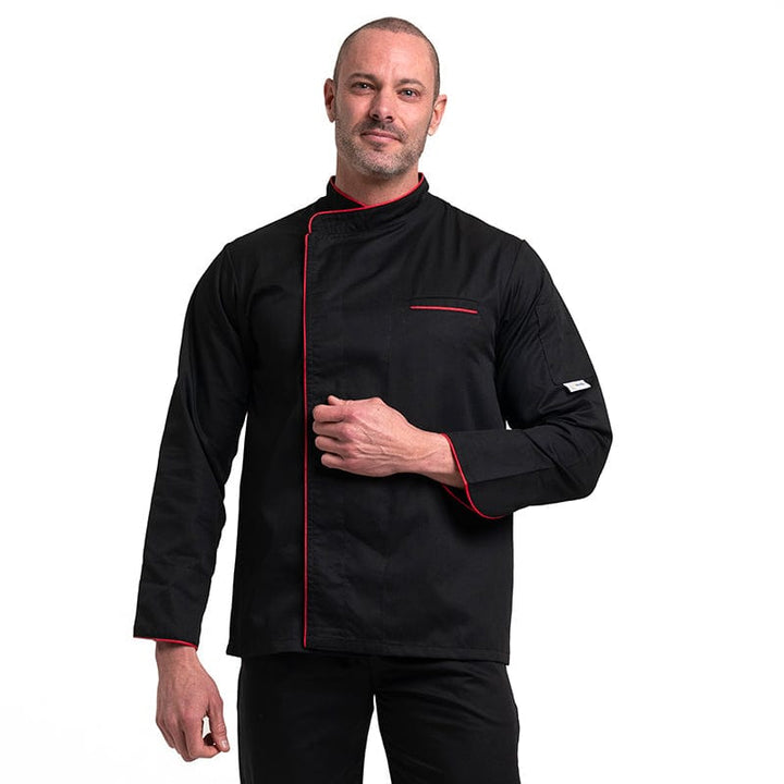 Black Long Sleeve Chef Coat with Long Red Piping - MANELLI -  by Manelli | MANELLI``