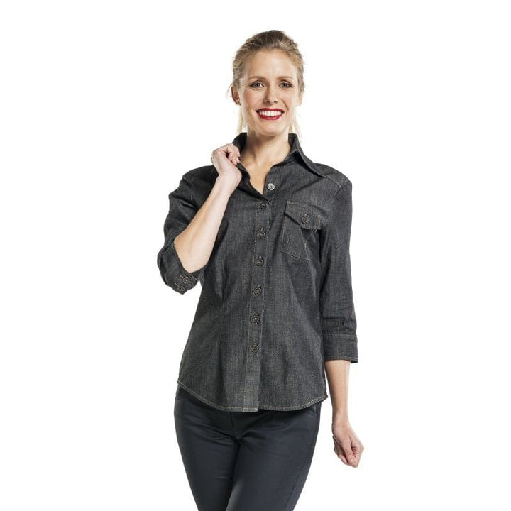 Denim Gray 3/4 Sleeve Service Blouse - WARM FRONT -  by MANELLI | MANELLI``