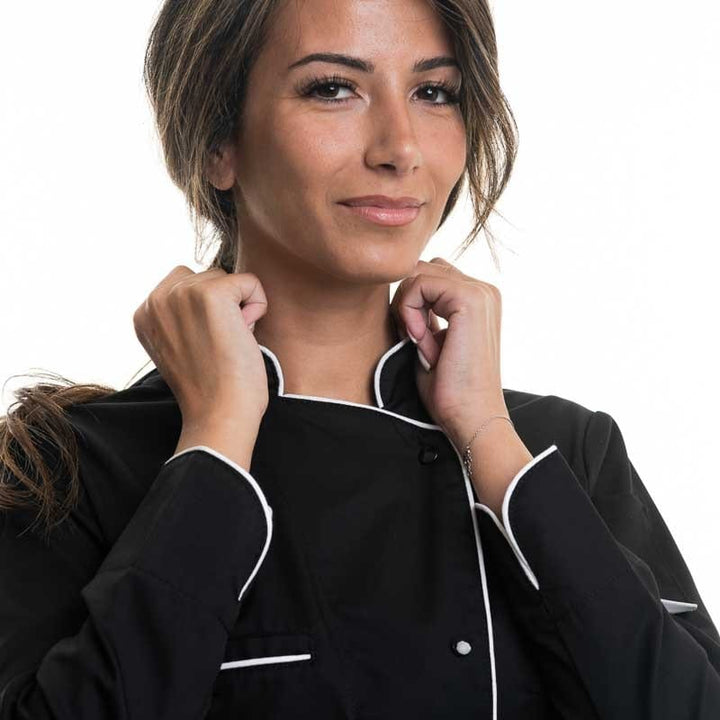 Women's Long Sleeve Black Kitchen Coat with White Piping - MANELLI -  by Manelli | MANELLI``