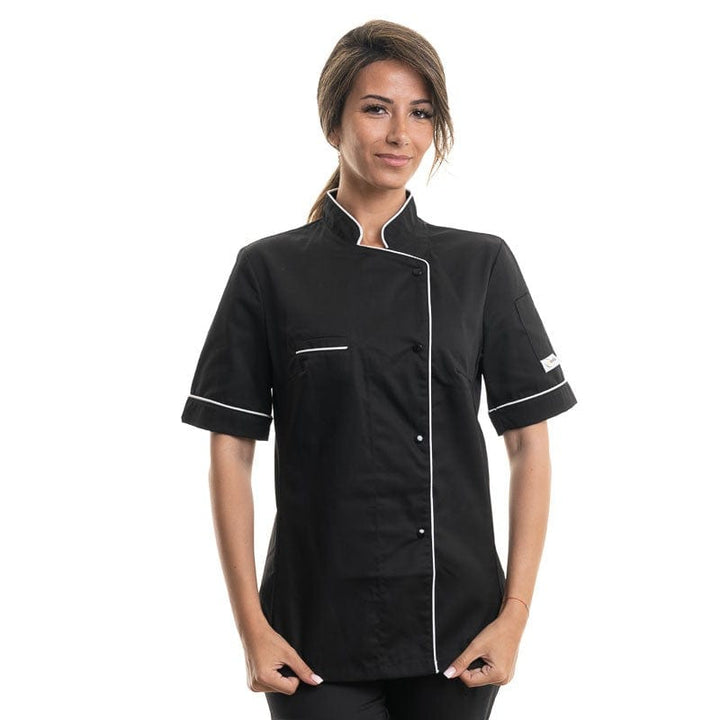 Women's Long Sleeve Black Kitchen Coat with White Piping - MANELLI -  by Manelli | MANELLI``