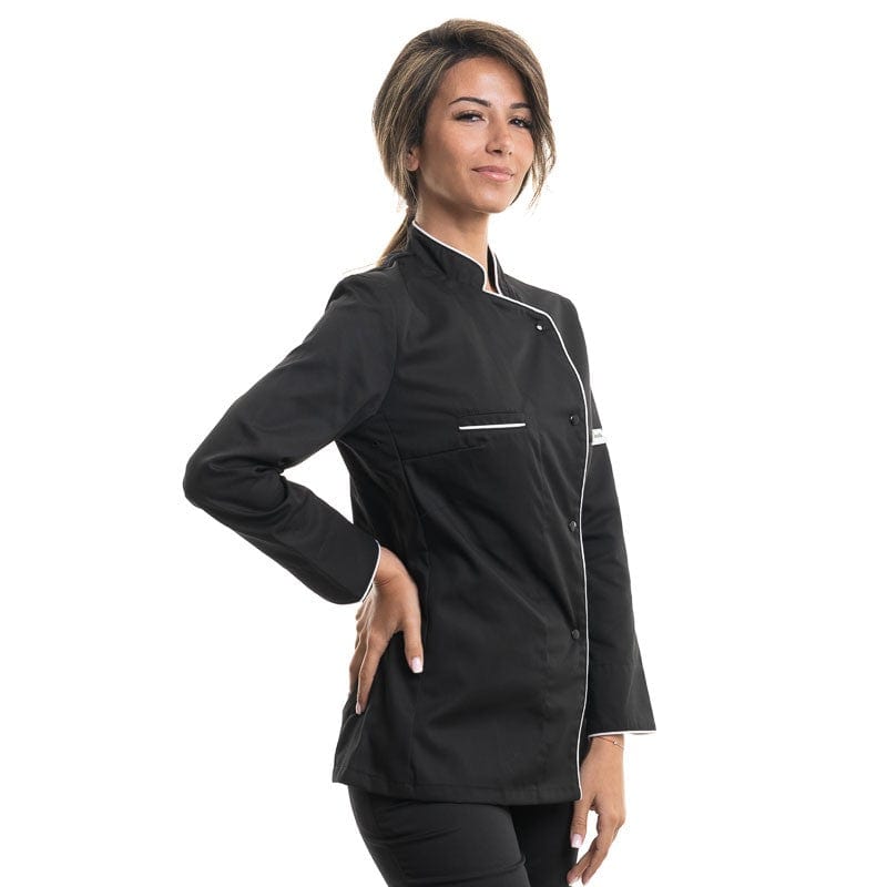 Women's Long Sleeve Black Kitchen Coat with White Piping - MANELLI -  by Manelli | MANELLI``