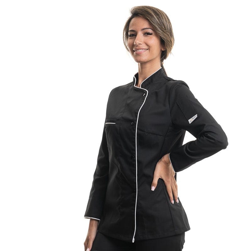 Women's Long Sleeve Black Kitchen Coat with White Piping - MANELLI -  by Manelli | MANELLI``