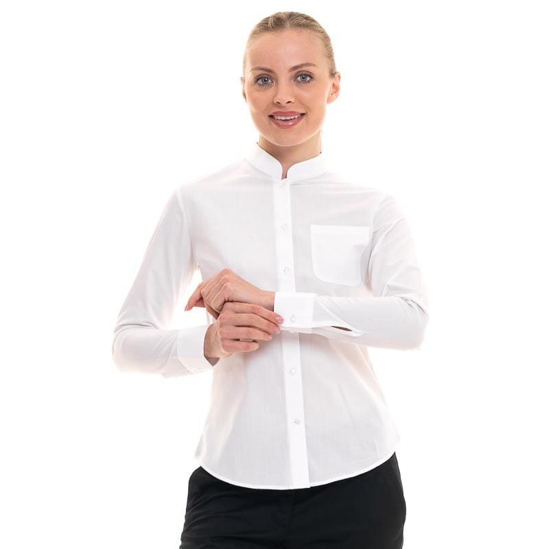 Women's White Mandarin Collar Long Sleeve Service Blouse - KARIBAN -  by MANELLI | MANELLI``