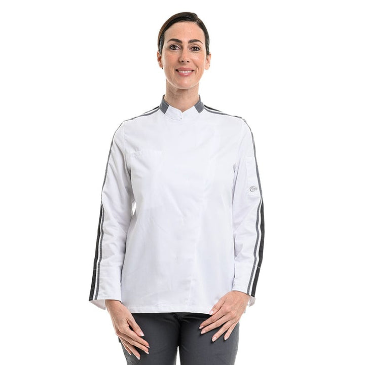 Women Long Sleeve White Kitchen Coat with Black Piping - MOLINEL -  by Molinel | MANELLI``