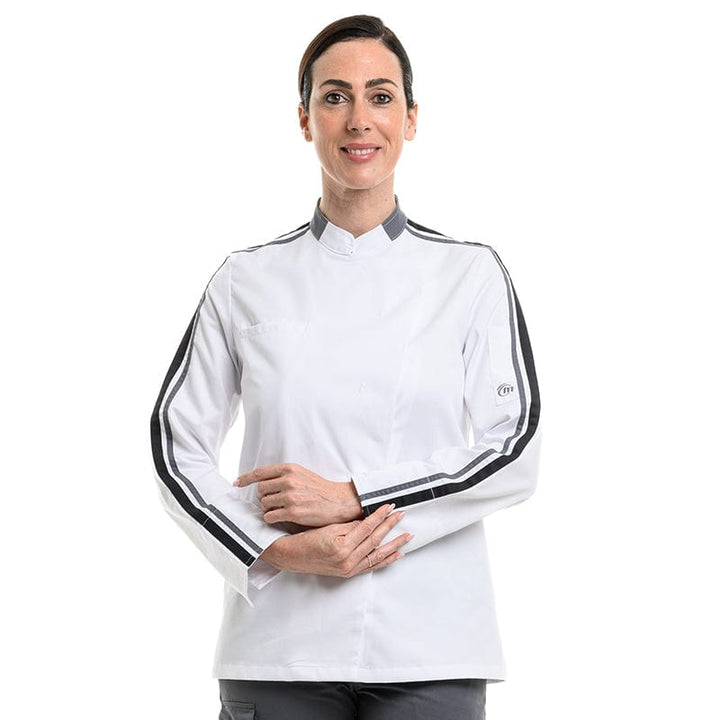 Women Long Sleeve White Kitchen Coat with Black Piping - MOLINEL -  by Molinel | MANELLI``