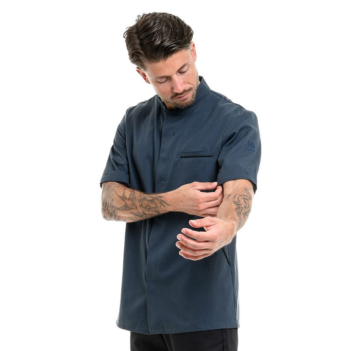 Men's Ocean Blue Short Sleeve Kitchen Coat with Black Piping - ROBUR -  by Robur | MANELLI``