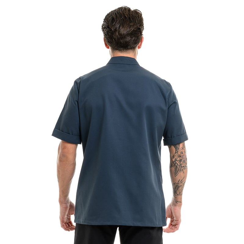 Men's Ocean Blue Short Sleeve Kitchen Coat with Black Piping - ROBUR -  by Robur | MANELLI``