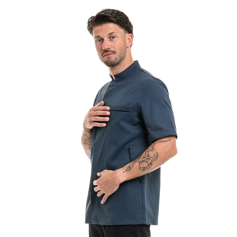 Men's Ocean Blue Short Sleeve Kitchen Coat with Black Piping - ROBUR -  by Robur | MANELLI``