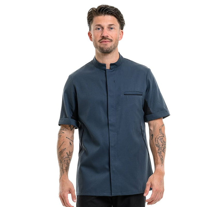 Men's Ocean Blue Short Sleeve Kitchen Coat with Black Piping - ROBUR -  by Robur | MANELLI``