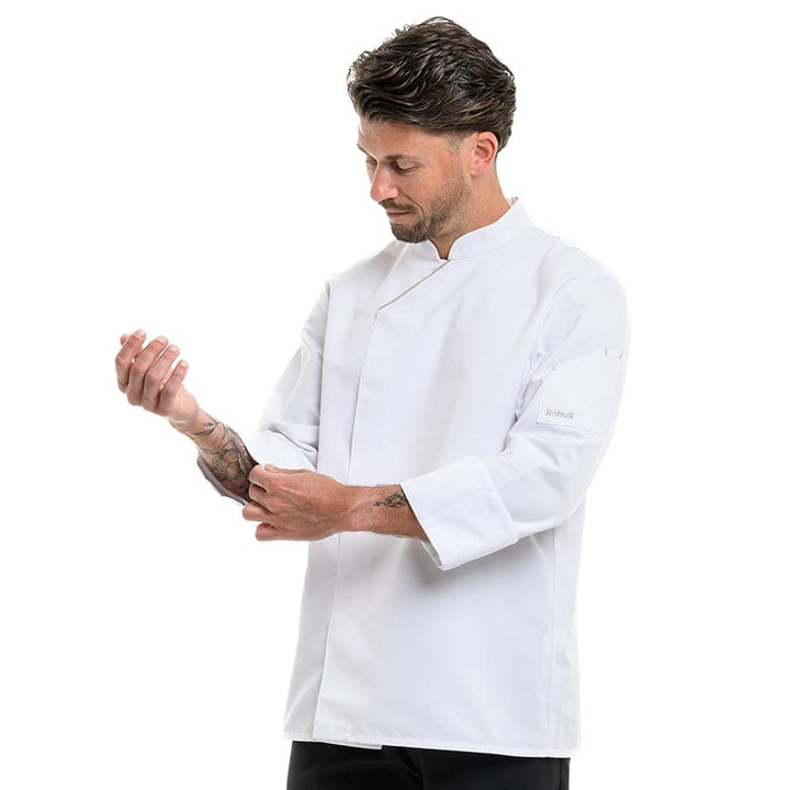 Unisex White Long Sleeve Kitchen Coat with Ecru Piping Harti - ROBUR -  by Robur | MANELLI``