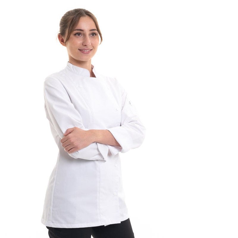 Women's White Chef Coat Long Sleeve Asymmetrical Closure Manille - ROBUR -  by Robur | MANELLI``