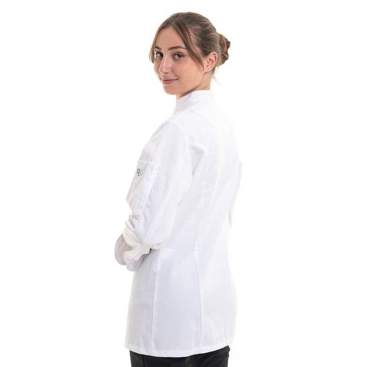 Women's White Chef Coat Long Sleeve Asymmetrical Closure Manille - ROBUR -  by Robur | MANELLI``