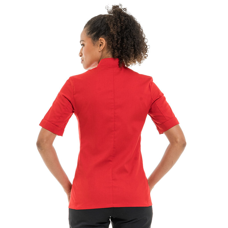 Professional women’s red short-sleeve kitchen jacket, designed for comfort and style.