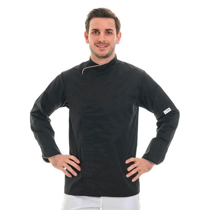 Black Short Sleeve or Long Sleeve Chef Coat with Beige Piping - MANELLI -  by Manelli | MANELLI``