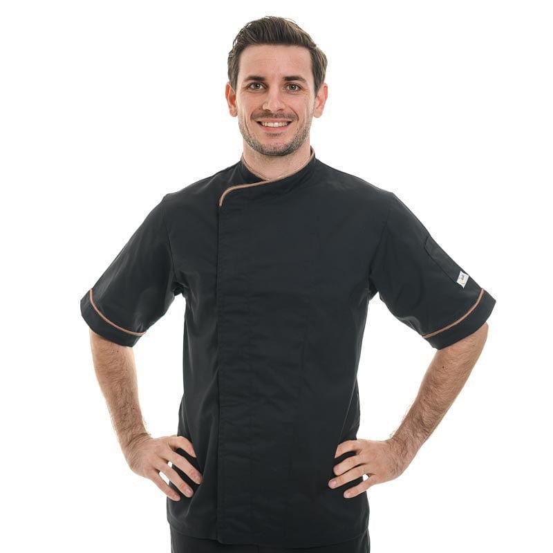 Black Short Sleeve or Long Sleeve Chef Coat with Beige Piping - MANELLI -  by Manelli | MANELLI``