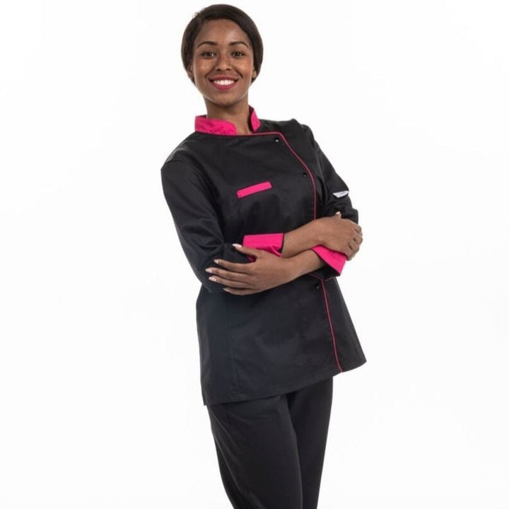 Black Kitchen Coat with Pink Piping Short Sleeve - MANELLI -  by Manelli | MANELLI``