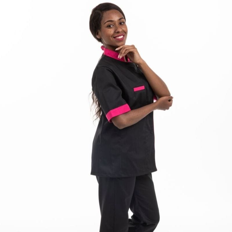 Black Kitchen Coat with Pink Piping Short Sleeve - MANELLI -  by Manelli | MANELLI``