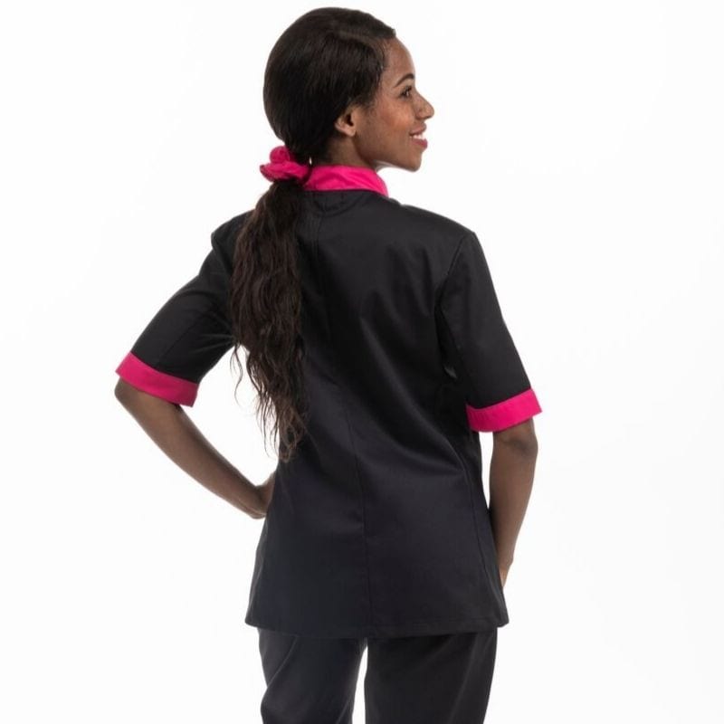 Black Kitchen Coat with Pink Piping Short Sleeve - MANELLI -  by Manelli | MANELLI``