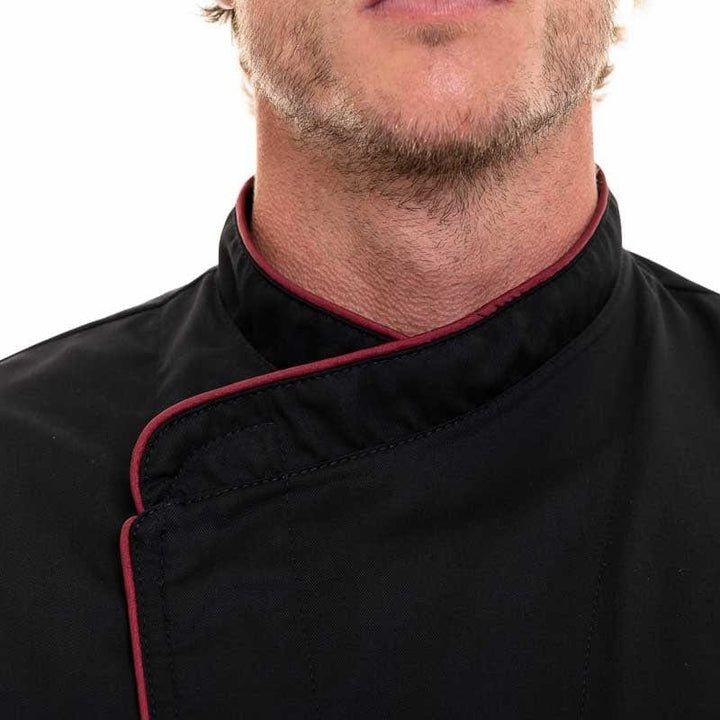 Black Short Sleeve Chef Coat with Long Burgundy Piping - MANELLI -  by Manelli | MANELLI``