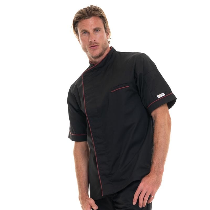 Black Short Sleeve Chef Coat with Long Burgundy Piping - MANELLI -  by Manelli | MANELLI``