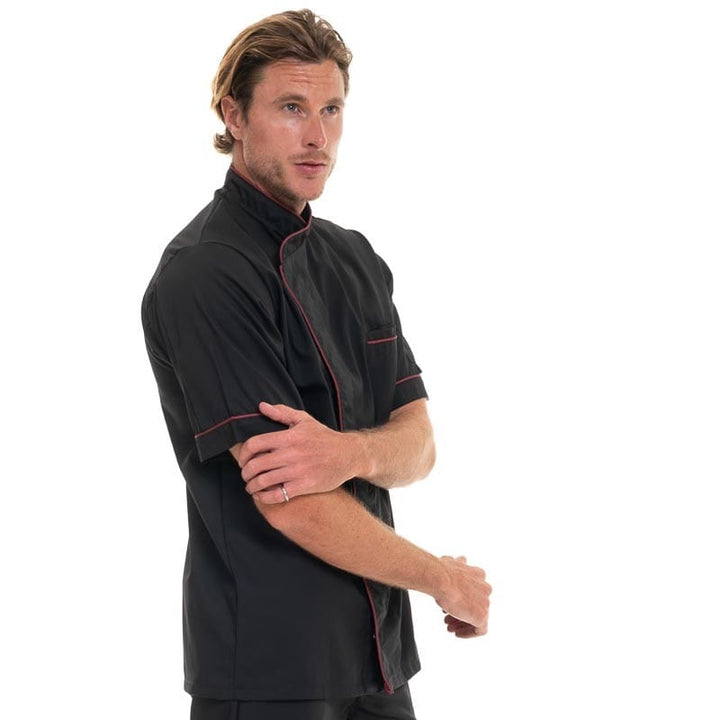 Black Short Sleeve Chef Coat with Long Burgundy Piping - MANELLI -  by Manelli | MANELLI``