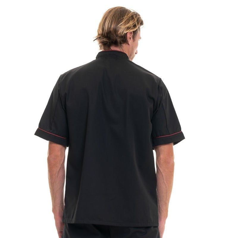 Black Short Sleeve Chef Coat with Long Burgundy Piping - MANELLI -  by Manelli | MANELLI``