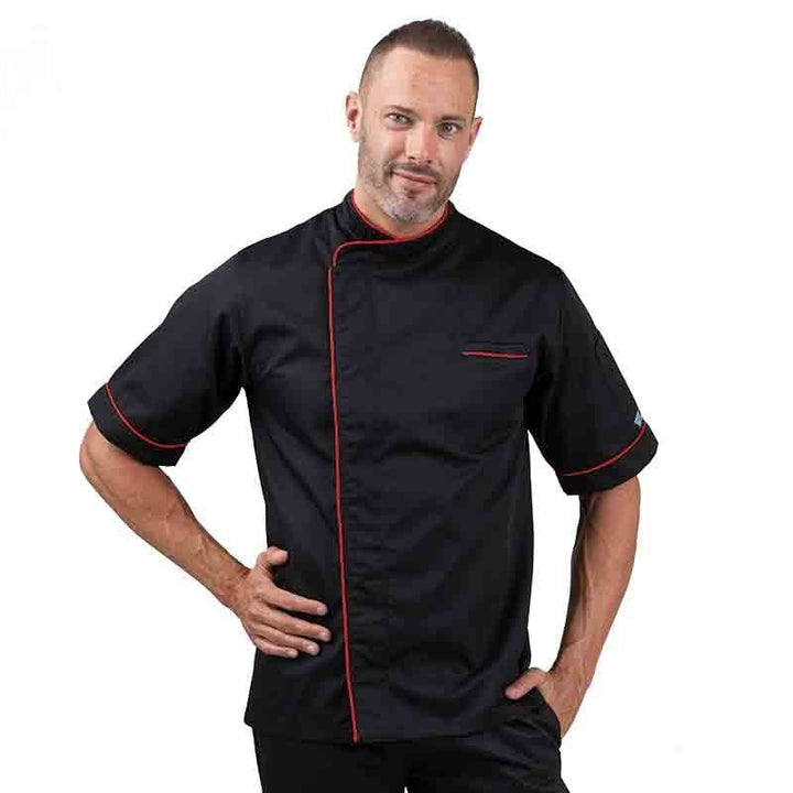 Black Short Sleeve Chef Coat with Long Red Piping - MANELLI -  by Manelli | MANELLI``