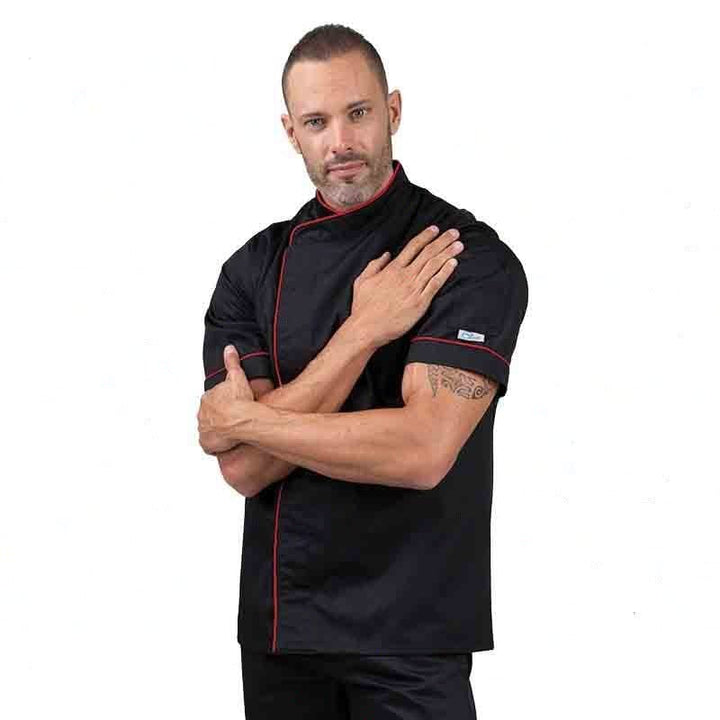 Black Short Sleeve Chef Coat with Long Red Piping - MANELLI -  by Manelli | MANELLI``