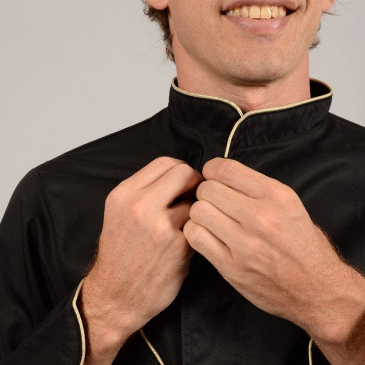 Black Short Sleeve or Long Sleeve Chef Coat with Beige Piping - MANELLI -  by Manelli | MANELLI``