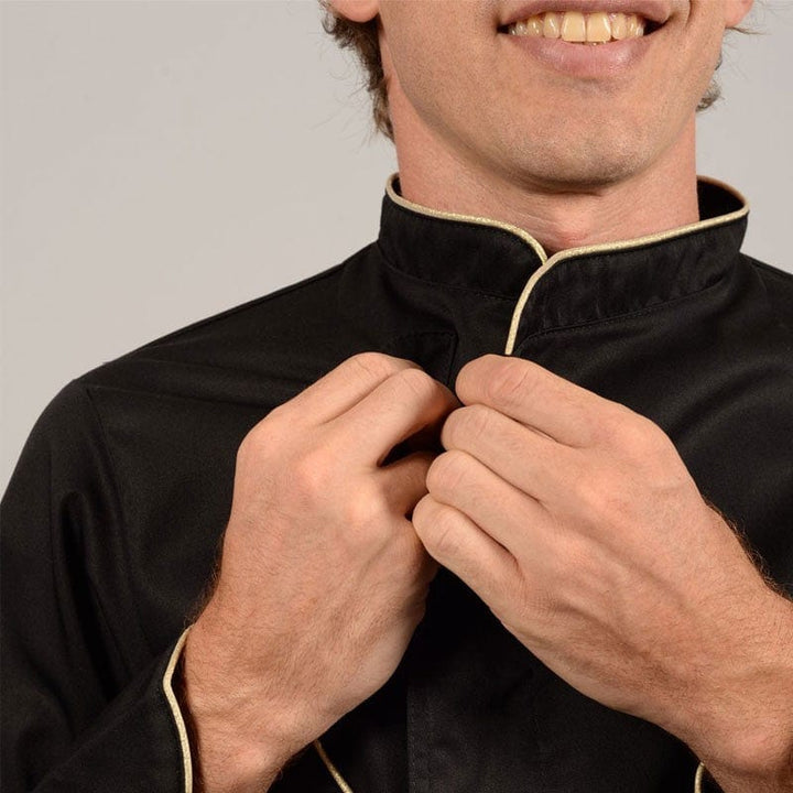 Black Short Sleeve or Long Sleeve Chef Coat with Beige Piping - MANELLI -  by Manelli | MANELLI``