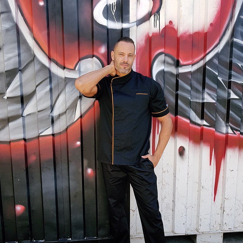 Black Short Sleeve or Long Sleeve Chef Coat with Long Orange Piping - MANELLI -  by Manelli | MANELLI``