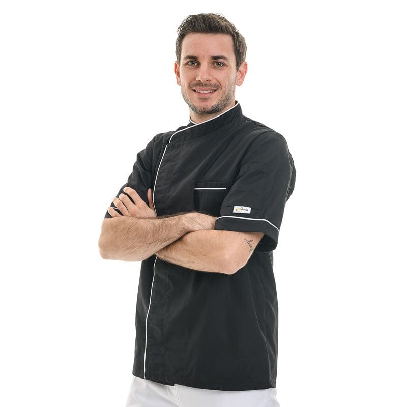 Black Short Sleeve or Long Sleeve Kitchen Coat with Long White Piping - MANELLI -  by Manelli | MANELLI``