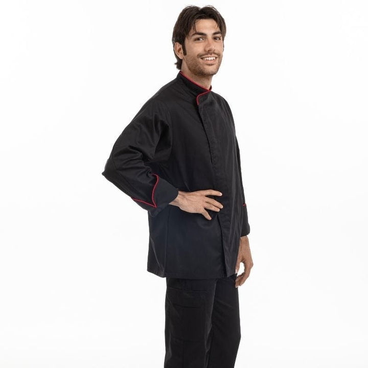 Black Short Sleeve or Long Sleeve Kitchen Coat with Red Piping - MANELLI -  by Manelli | MANELLI``