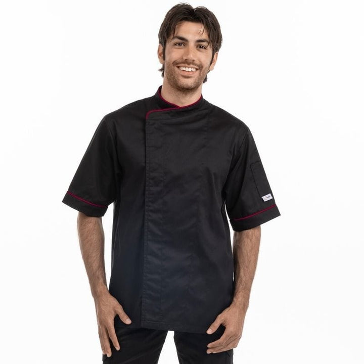 Black Kitchen Coat with Burgundy Piping - MANELLI -  by Manelli | MANELLI``